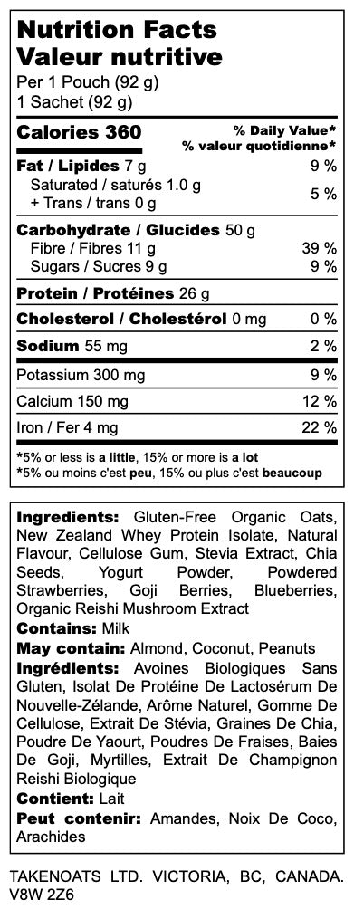 Nutrition facts label for Berries n Cream Overnight Oats showing 360 calories, 26g protein and 11g fiber per serving.