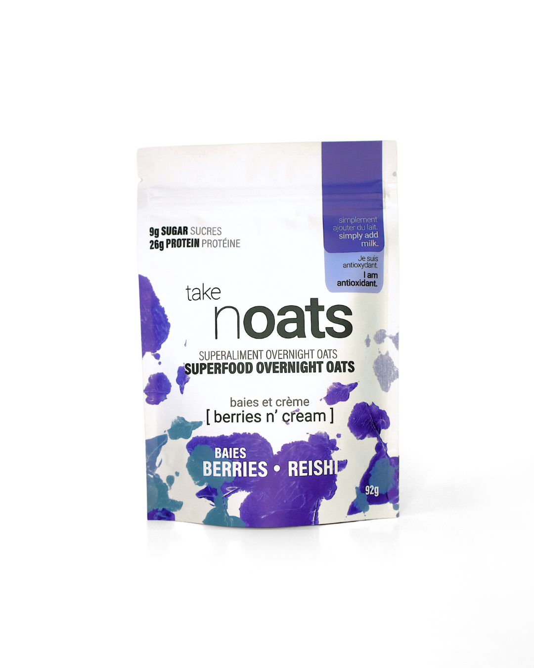 Berries n Cream Overnight Oats pouch front-facing on white background.