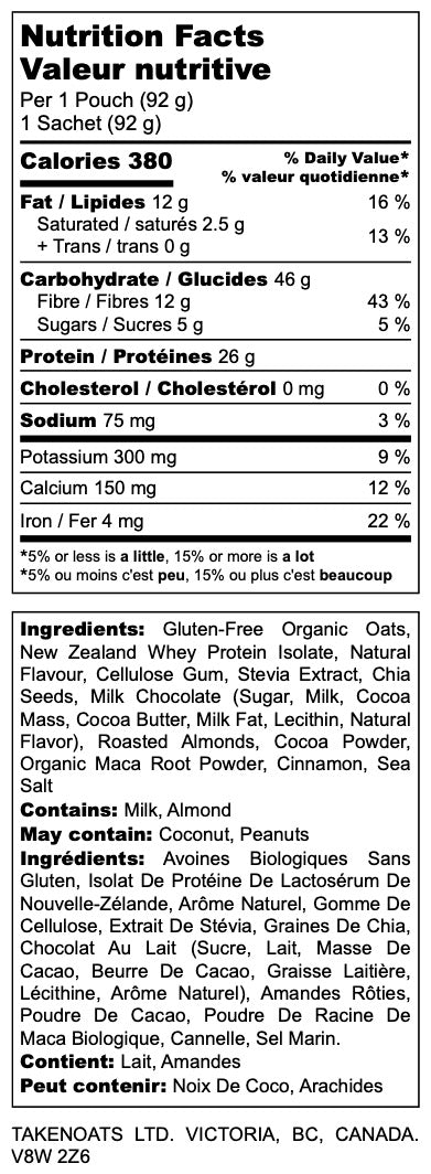 Nutrition facts label for Chocolate Almond Crunch Overnight Oats showing 380 calories, 26g protein and 12g fiber per serving