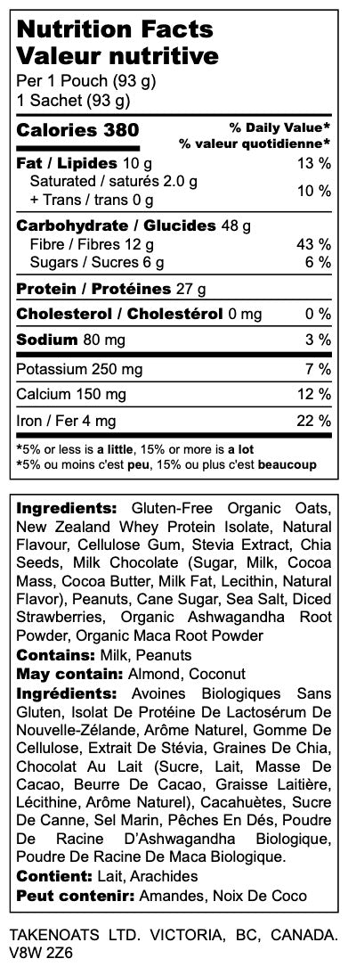 Nutrition facts label for Choco Pb&J Overnight Oats showing 380 calories, 27g protein and 12g fiber per serving.