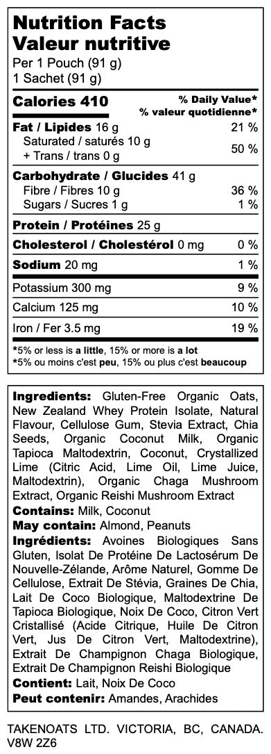 Nutrition facts label for Key Lime Pie Overnight Oats showing 410 calories, 25g protein and 10g fiber per serving.