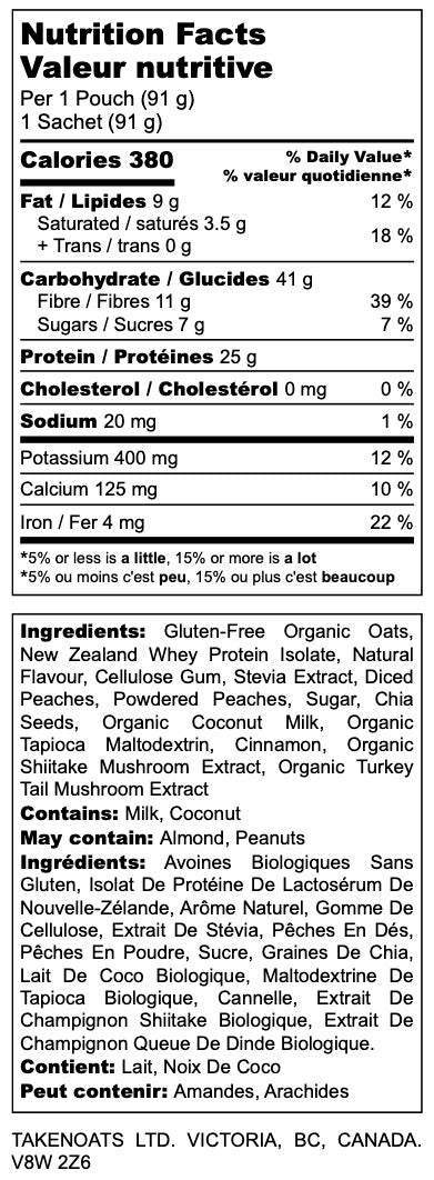 Nutrition facts label for Peach Cobbler Overnight Oats showing 380 calories, 25g protein and 11g fiber per serving.