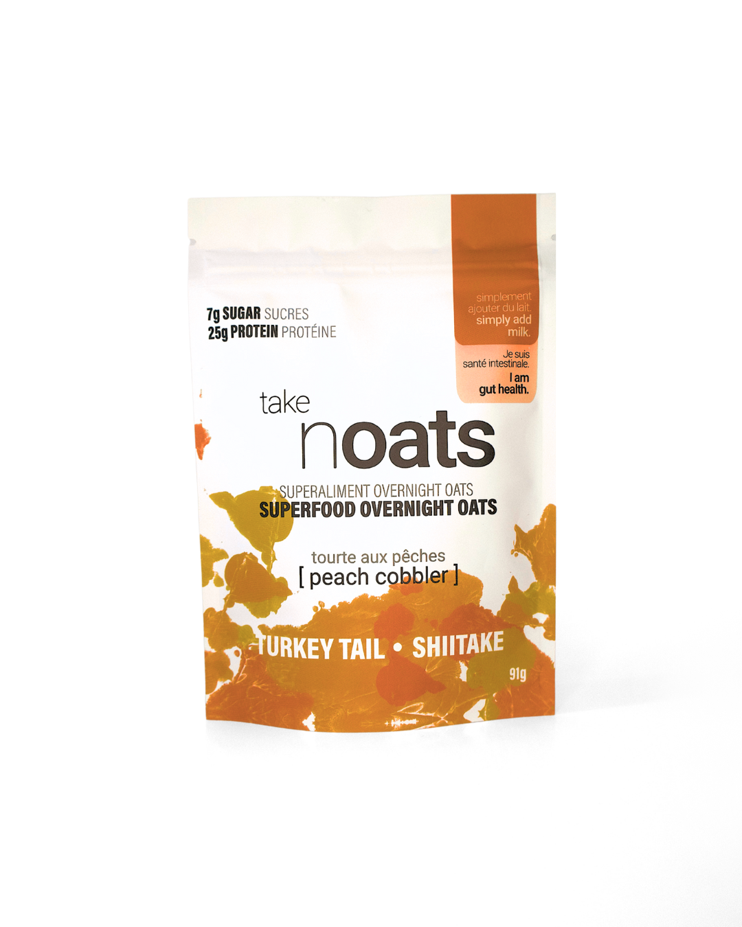 Peach Cobbler Overnight Oats pouch front-facing on white background