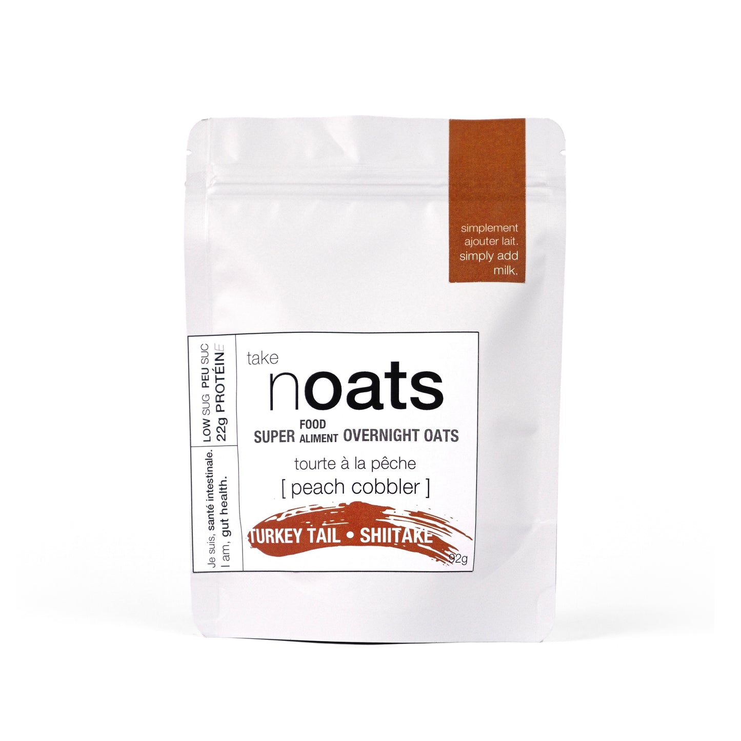 Peach Cobbler Overnight Oats pouch front-facing on white background