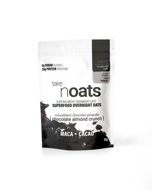 Chocolate Almond Crunch Overnight Oats pouch front-facing on white. 