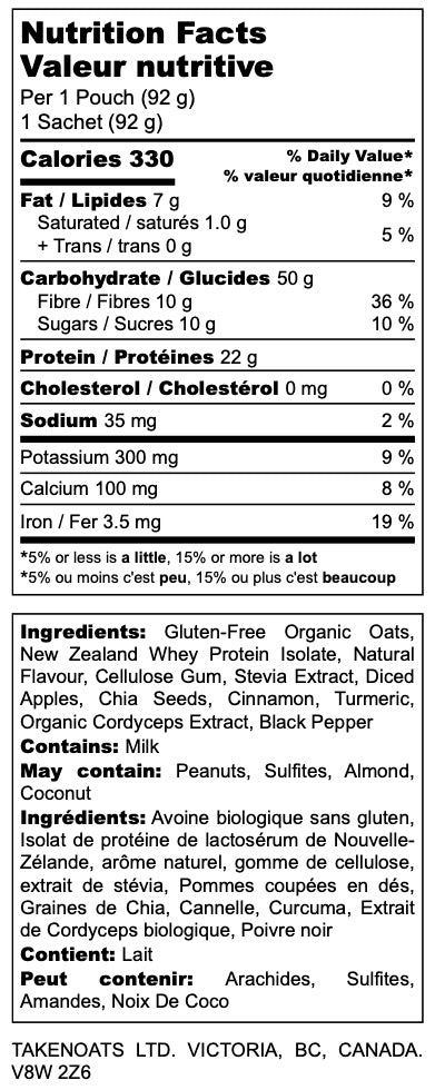 Nutrition facts label for Apple Pie Overnight Oats showing 360 calories, 24 g protein and 11 g fiber per serving