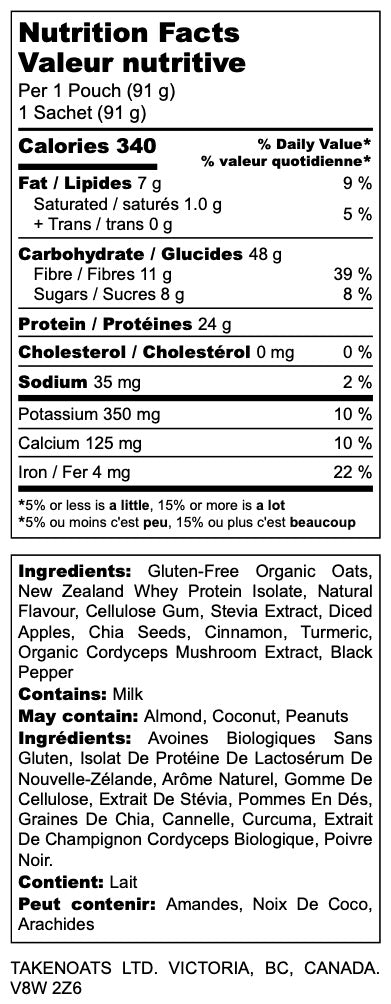 Nutrition facts label for Apple Pie Overnight Oats showing 340 calories, 24g protein and 11g fiber per serving.