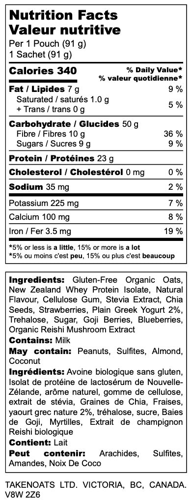 Nutrition facts label for Berries n Cream Overnight Oats showing 360 calories, 24 g protein and 11 g fiber per serving