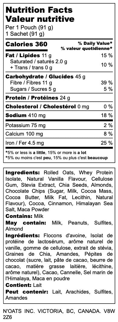 Nutrition facts label for Chocolate Almond Crunch Overnight Oats showing 360 calories, 24 g protein and 11 g fiber per serving