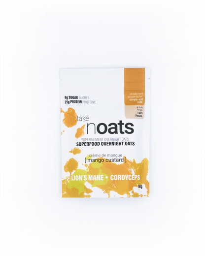 Mango Custard Overnight Oats pouch front-facing on white background. 