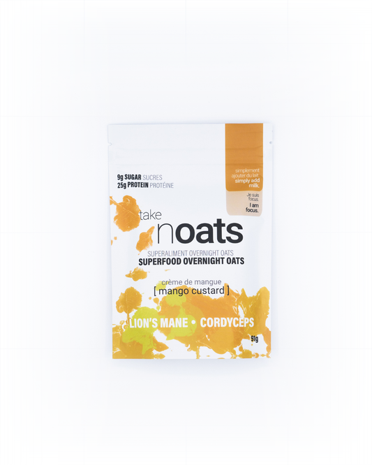 Mango Custard Overnight Oats pouch front-facing on white background. 