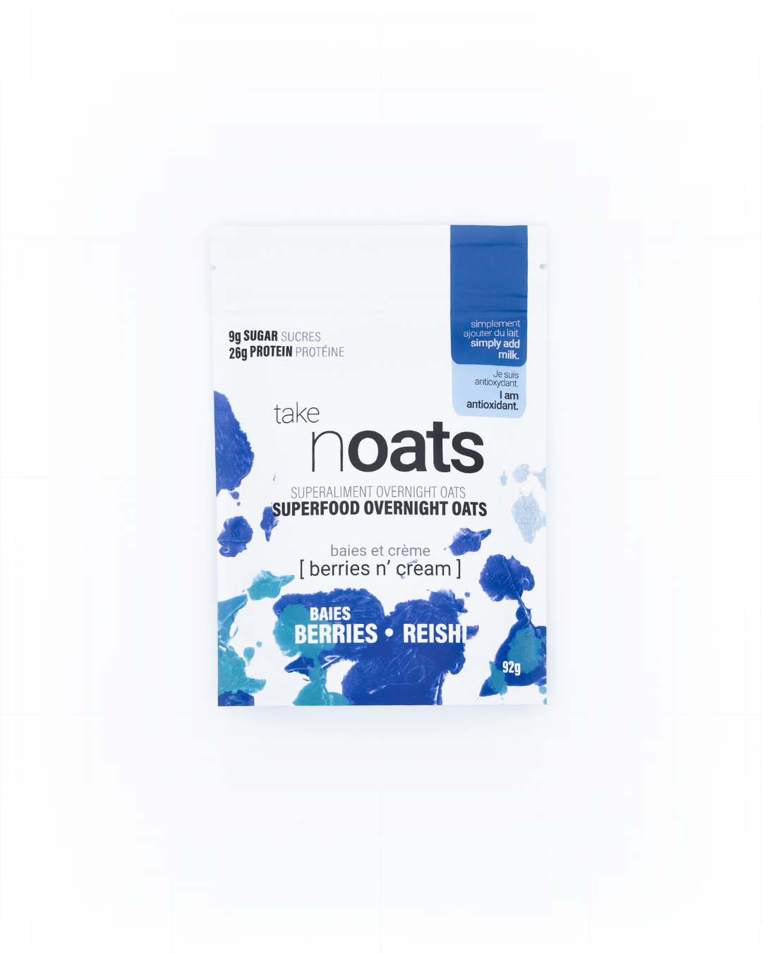 Berries and Cream Overnight Oats pouch front-facing on white background. 