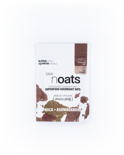 Choco PB&J Overnight Oats pouch front-facing on white background. 