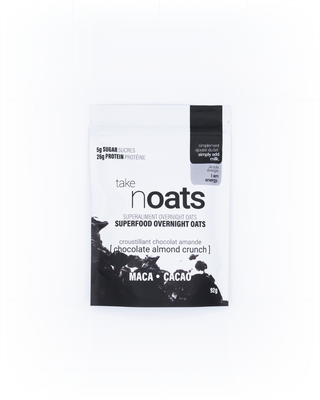 Chocolate Almond Crunch Overnight Oats pouch front-facing on white. 