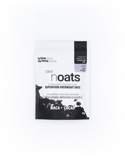 Chocolate Almond Crunch Overnight Oats pouch front-facing on white. 
