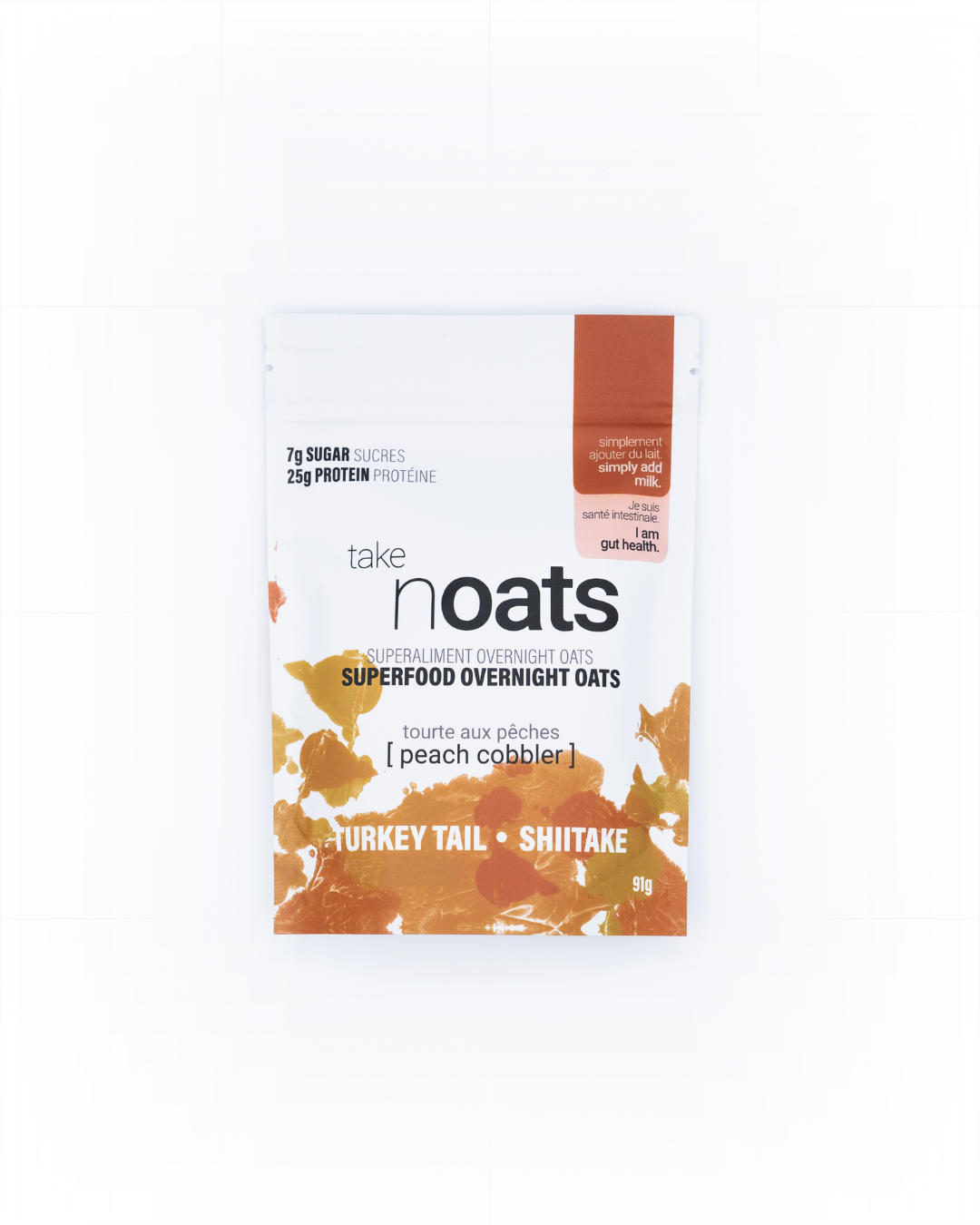 Peach Cobbler Overnight Oats pouch front-facing on white background.