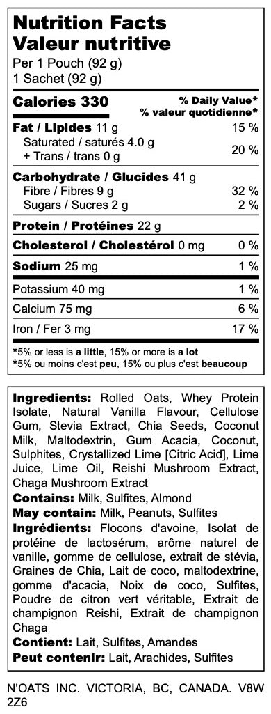 Nutrition facts label for Key Lime Pie Overnight Oats showing 360 calories, 24 g protein and 11 g fiber per serving