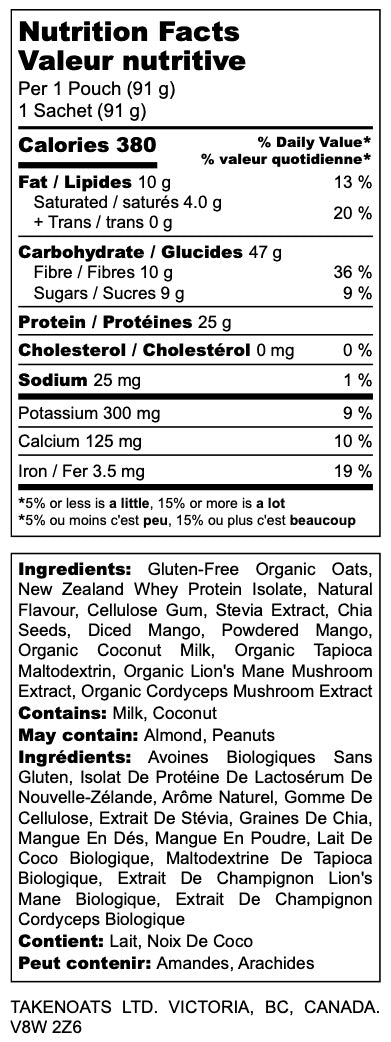 Nutrition facts label for Mango Custard Overnight Oats showing 380 calories, 25g protein and 10g fiber per serving.