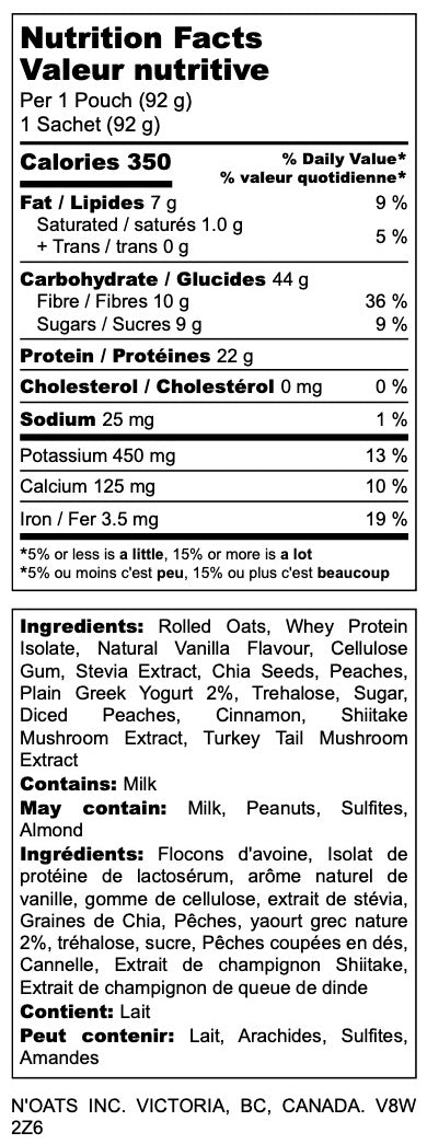 Nutrition facts label for Peach Cobbler Overnight Oats showing 360 calories, 24 g protein and 11 g fiber per serving.