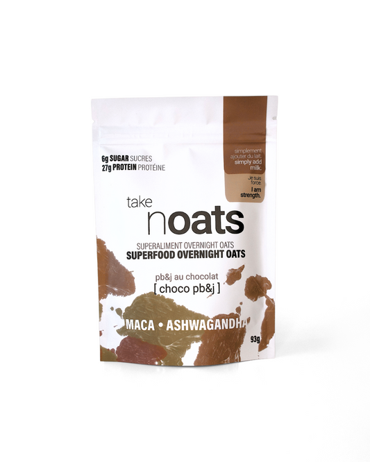 Choco PB&J Overnight Oats pouch front-facing on white background. 