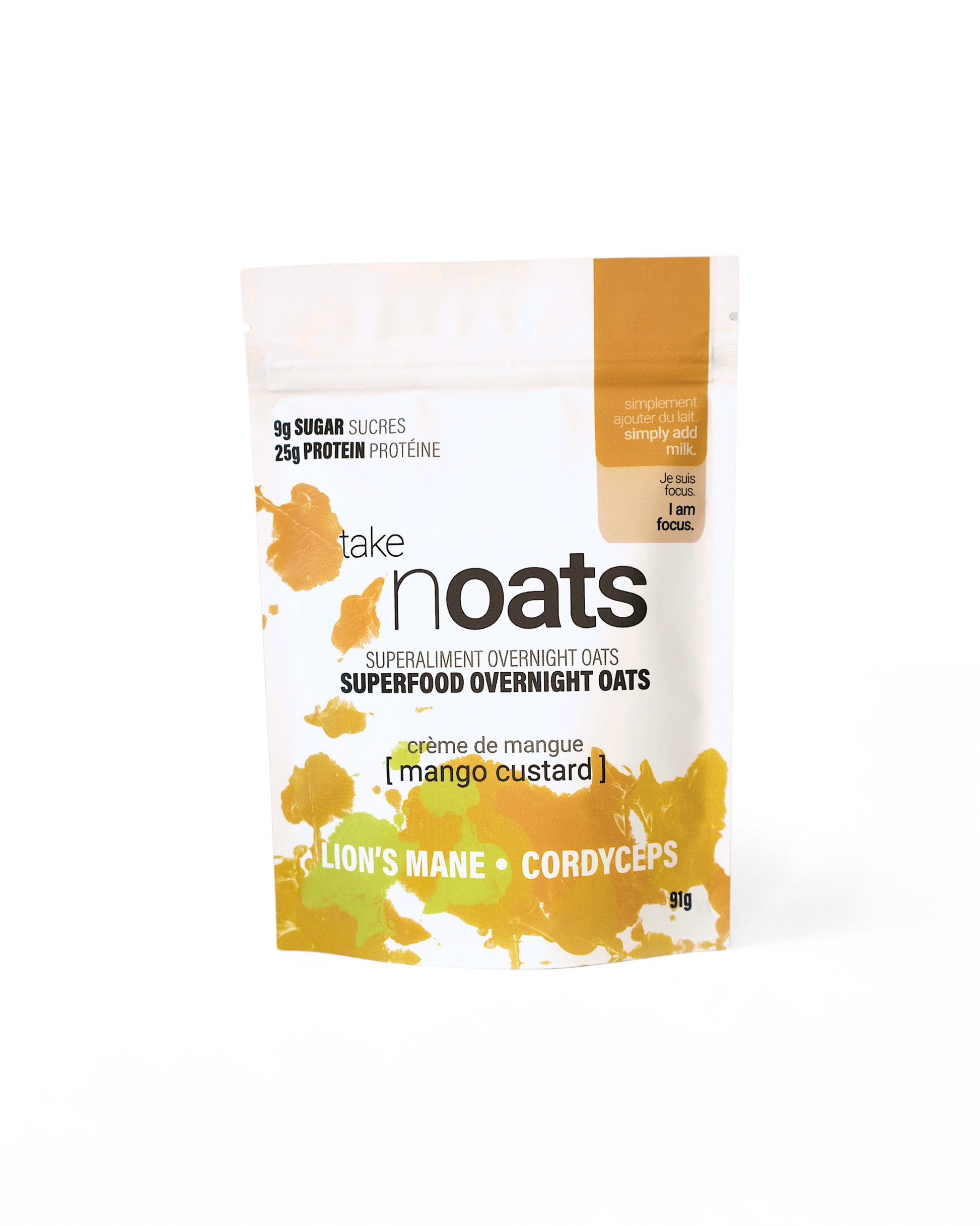 Mango Custard Overnight Oats pouch front-facing on white background