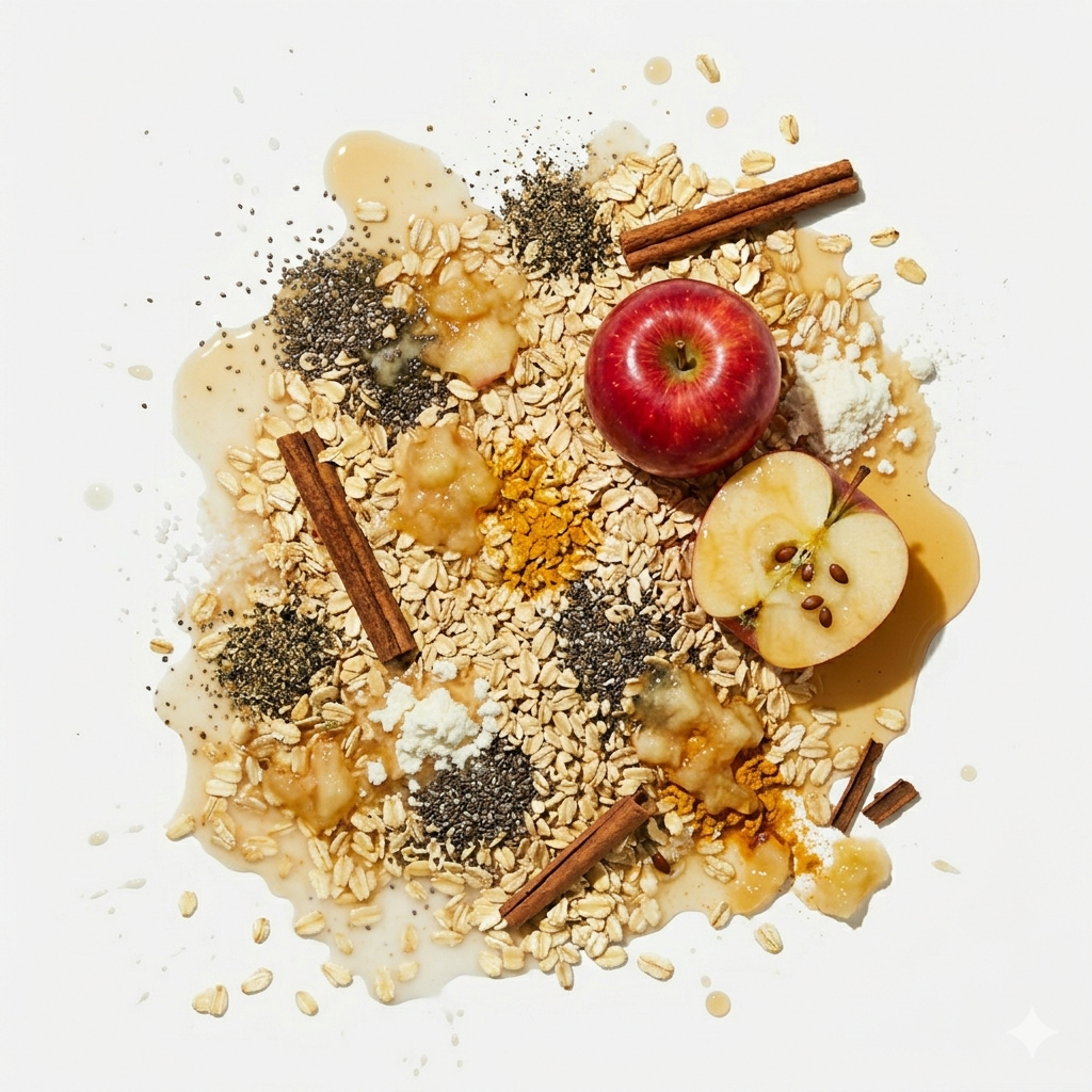 Flat lay of oats, apple, cinnamon, chia seeds and whey isolate for apple pie flavoured overnight oats on white.