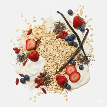 Flat lay of oats, strawberries, blueberries, chia seeds, vanilla and whey isolate for berries and cream overnight oats.