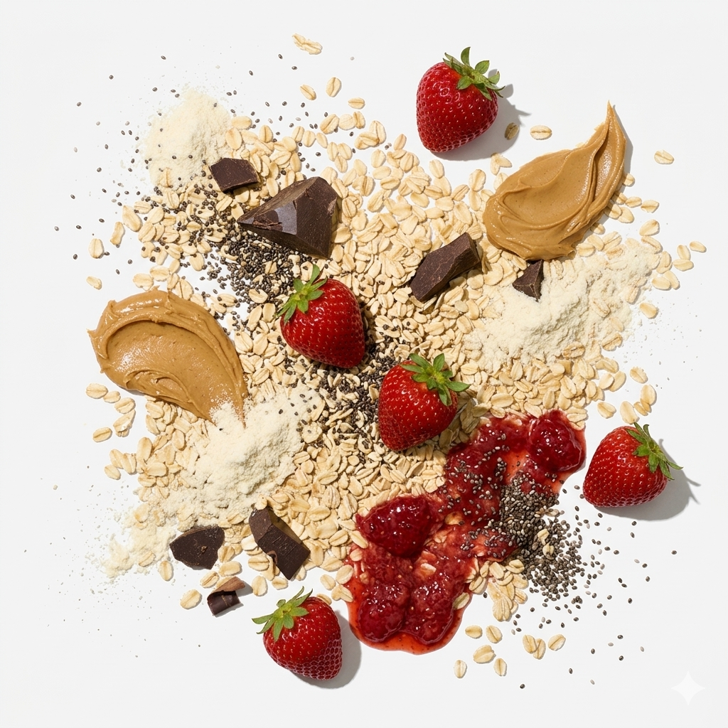 Flat lay of oats, peanut butter, strawberries, chia seeds, whey isolate and chocolate chunks for PB&J inspired oats.
