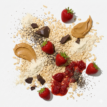 Flat lay of oats, peanut butter, strawberries, chia seeds, whey isolate and chocolate chunks for PB&J inspired oats.