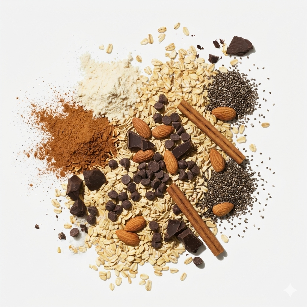 Flat lay of oats, whey isolate, chia seeds, cinnamon, chocolate chips, dark chocolate pieces and almonds on a white background.
