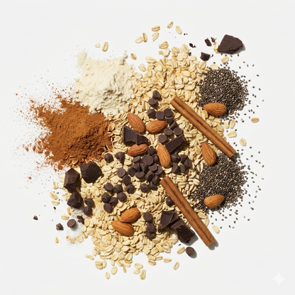 Flat lay of oats, whey isolate, chia seeds, cinnamon, chocolate chips, dark chocolate pieces and almonds on a white background.