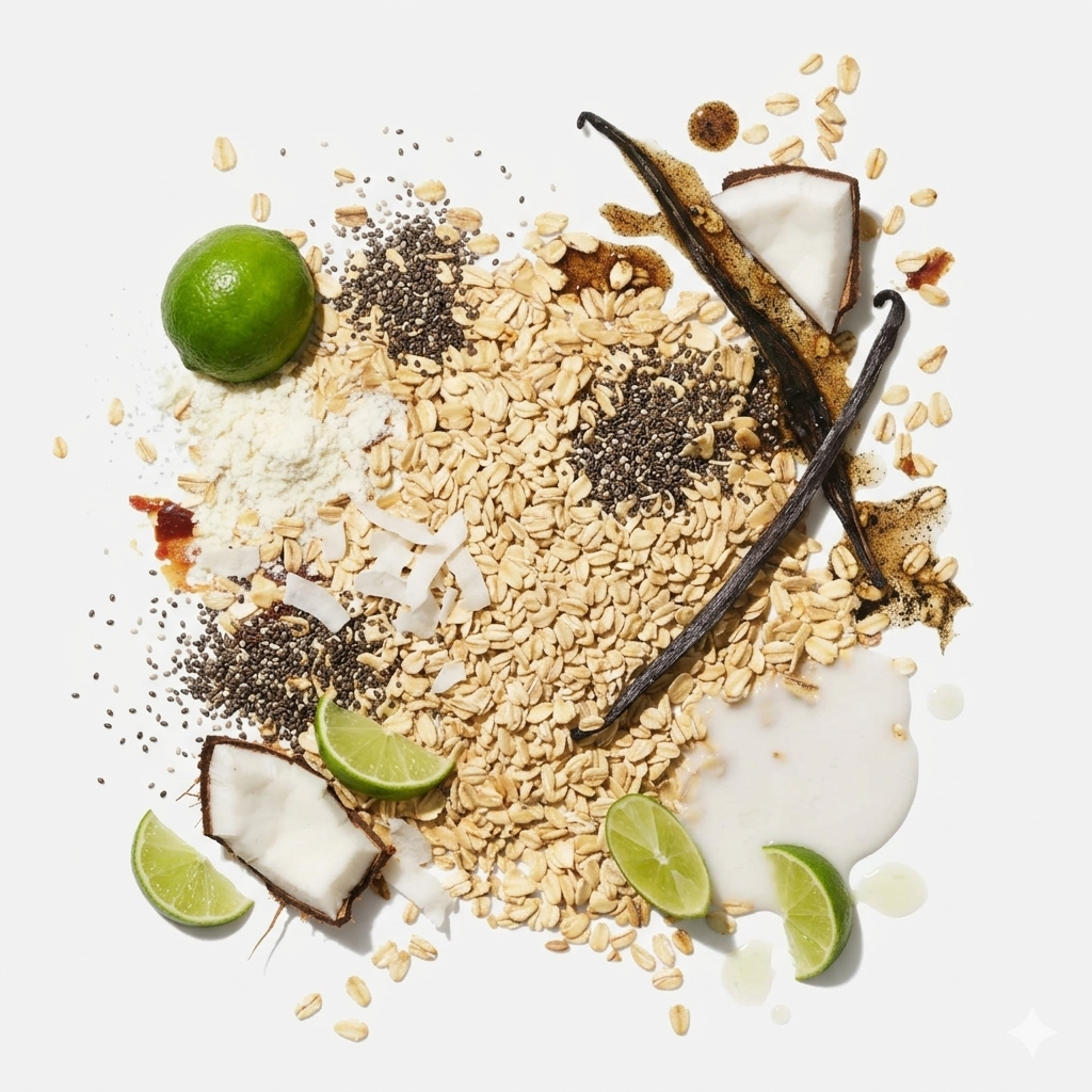 Flat lay of oats, chia seeds, lime, coconut, vanilla and whey isolate for key lime pie inspired overnight oats.