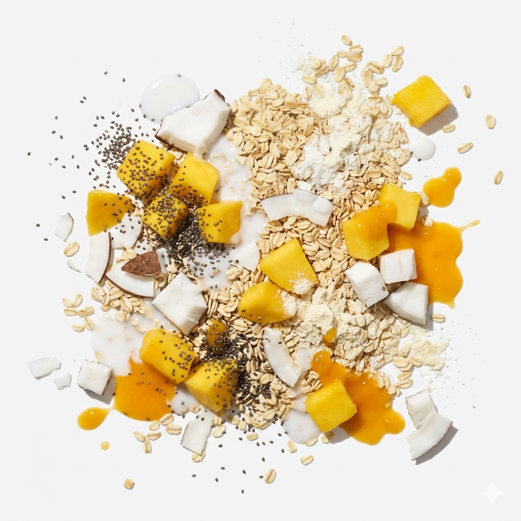 Flat lay of oats, mango, coconut, chia seeds and whey isolate for mango custard inspired overnight oats.