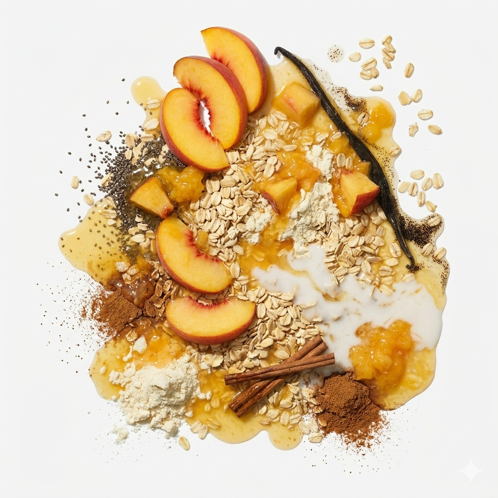 Flat lay of oats, peaches, cinnamon, vanilla and whey isolate for peach cobbler inspired overnight oats.