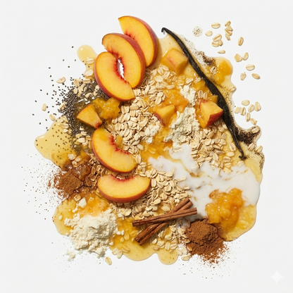 Flat lay of oats, peaches, cinnamon, vanilla and whey isolate for peach cobbler inspired overnight oats.